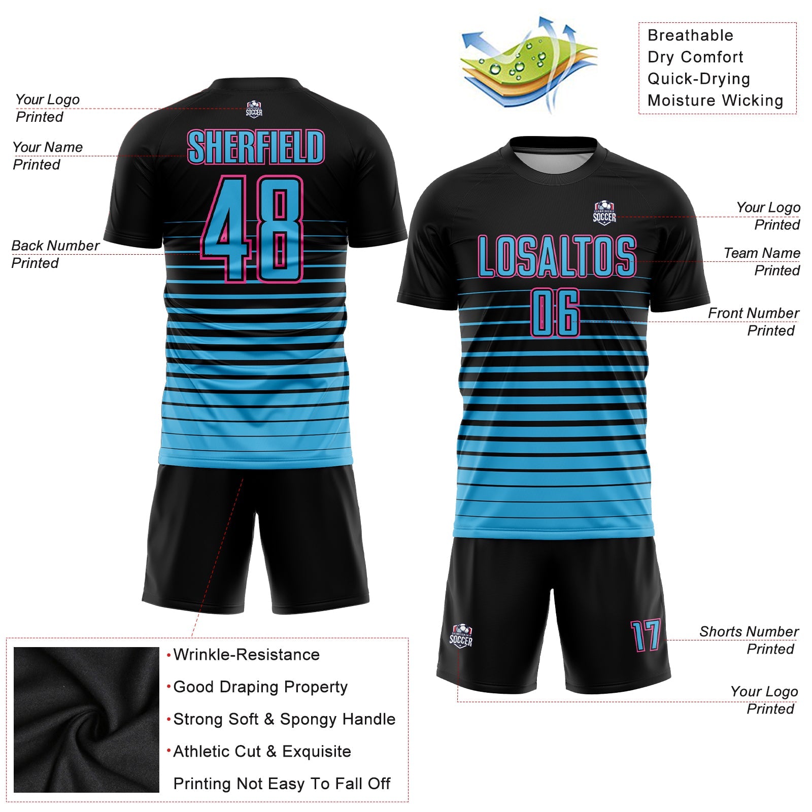 Custom Black Sky Blue-Pink Pinstripe Fade Fashion Sublimation Soccer Uniform Jersey - Sky-Custom