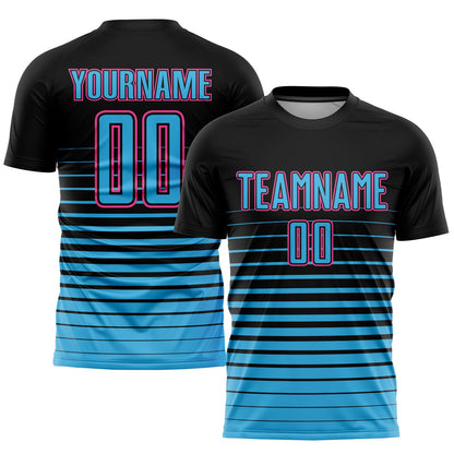 Custom Black Sky Blue-Pink Pinstripe Fade Fashion Sublimation Soccer Uniform Jersey - Sky-Custom