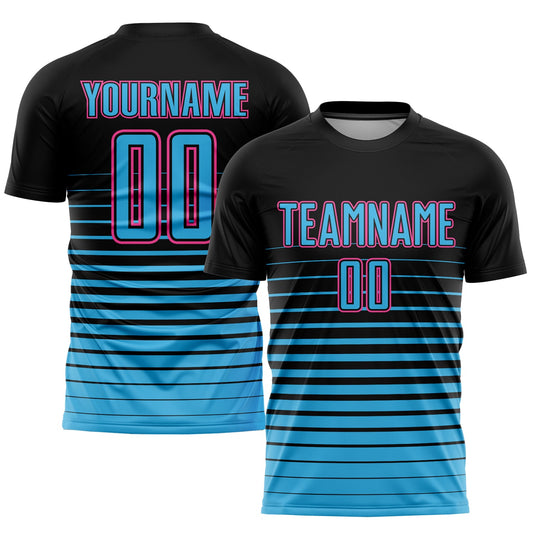 Custom Black Sky Blue-Pink Pinstripe Fade Fashion Sublimation Soccer Uniform Jersey - Sky-Custom