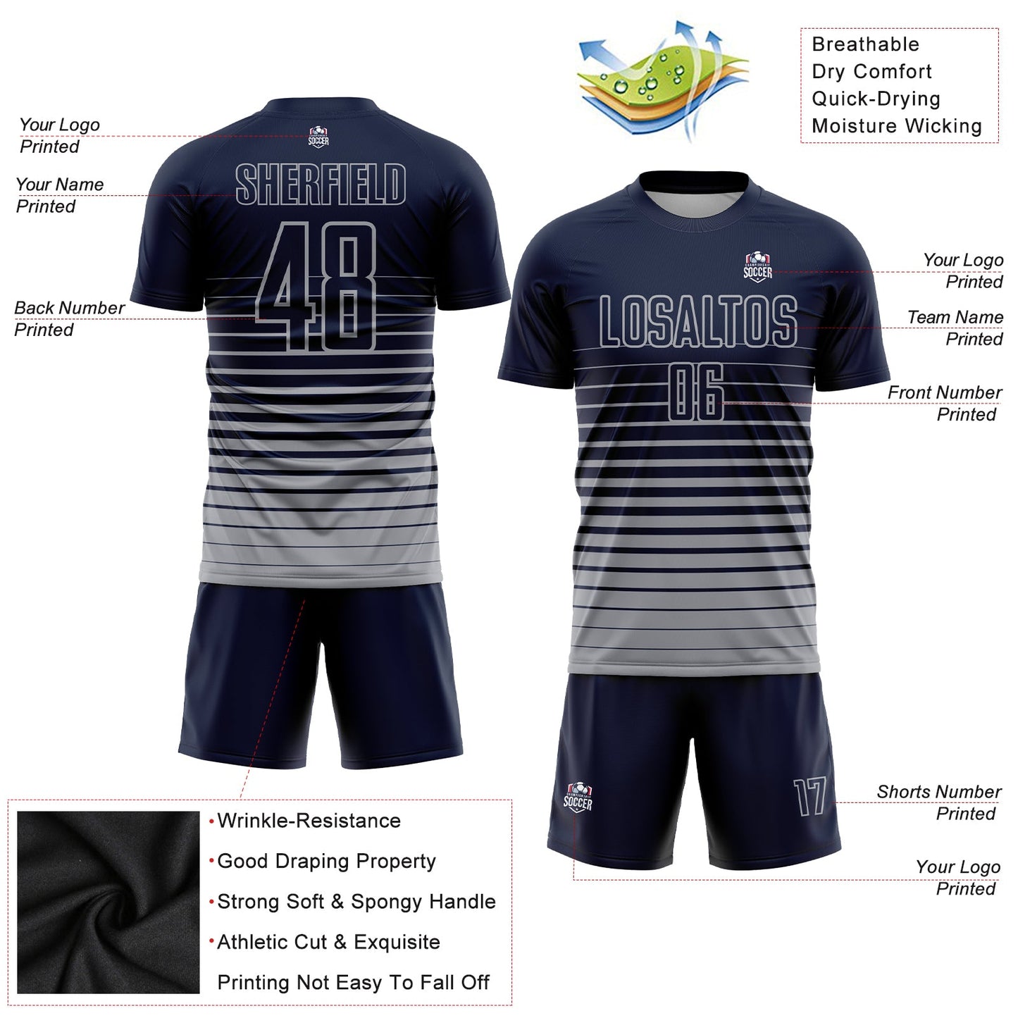 Custom Navy Gray Pinstripe Fade Fashion Sublimation Soccer Uniform Jersey - Sky-Custom