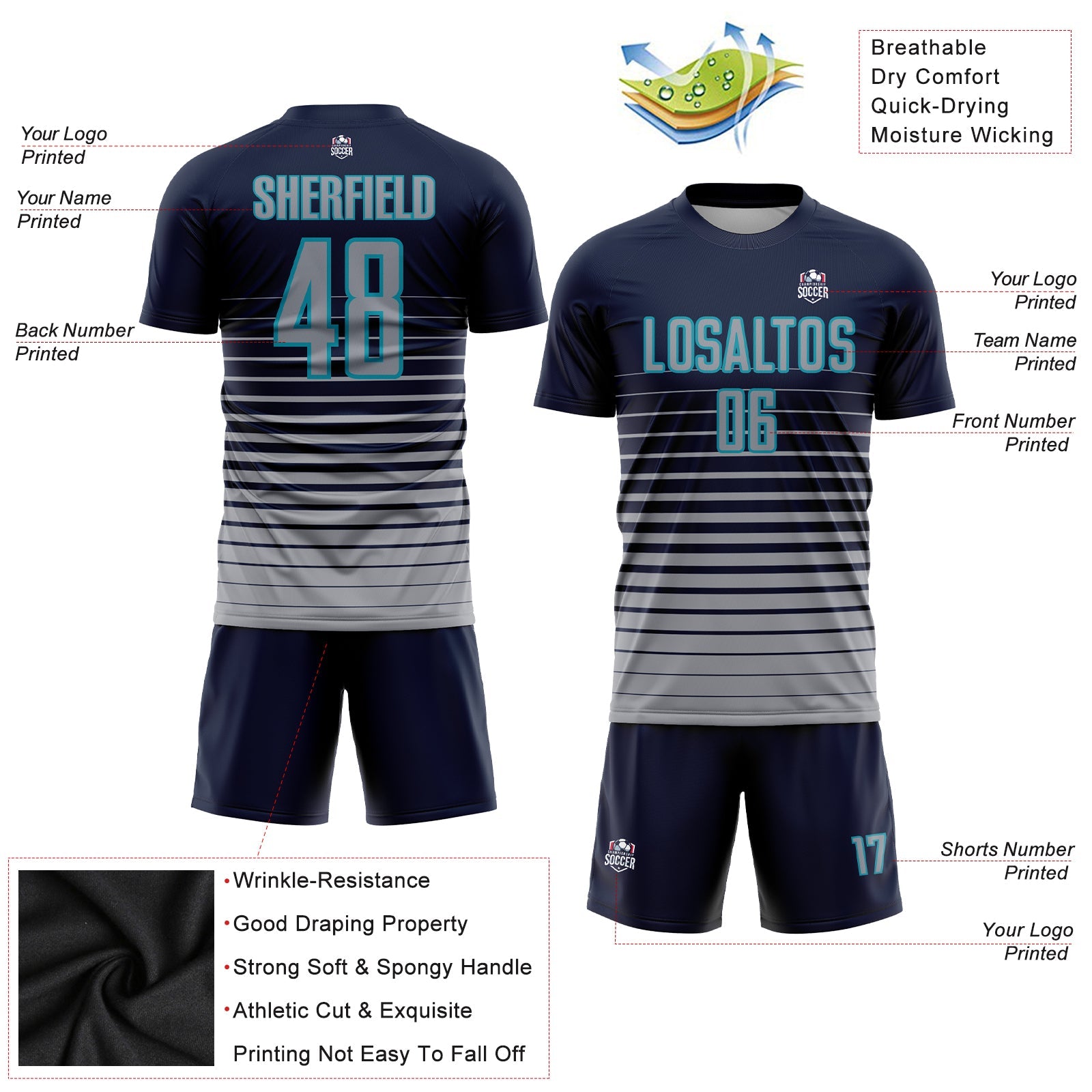 Custom Navy Gray-Teal Pinstripe Fade Fashion Sublimation Soccer Uniform Jersey - Sky-Custom