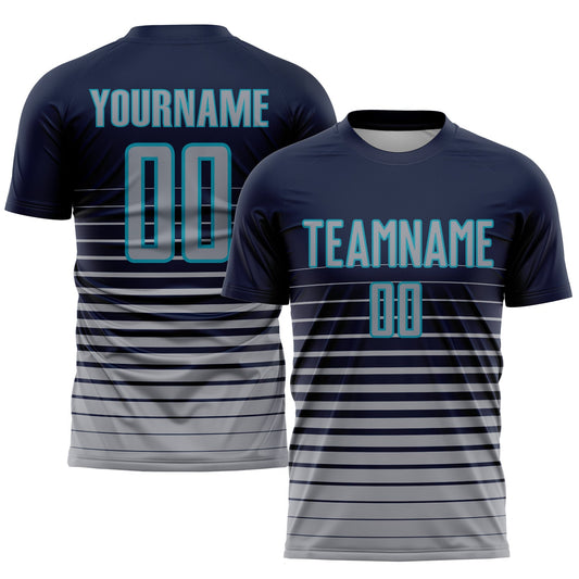 Custom Navy Gray-Teal Pinstripe Fade Fashion Sublimation Soccer Uniform Jersey - Sky-Custom