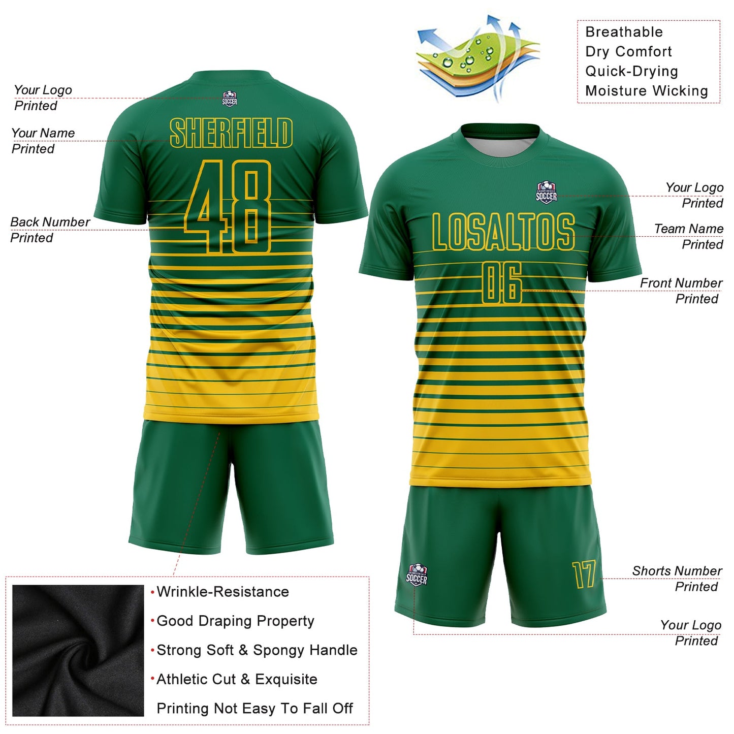 Custom Kelly Green Yellow Pinstripe Fade Fashion Sublimation Soccer Uniform Jersey - Sky-Custom