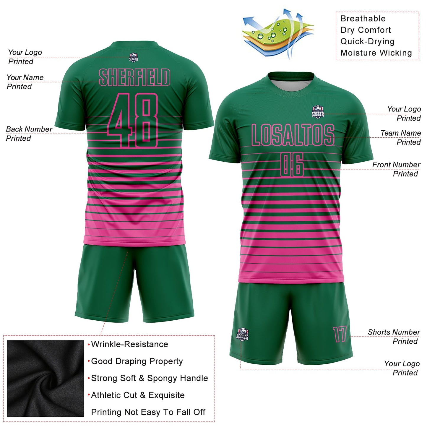 Custom Kelly Green Pink Pinstripe Fade Fashion Sublimation Soccer Uniform Jersey - Sky-Custom