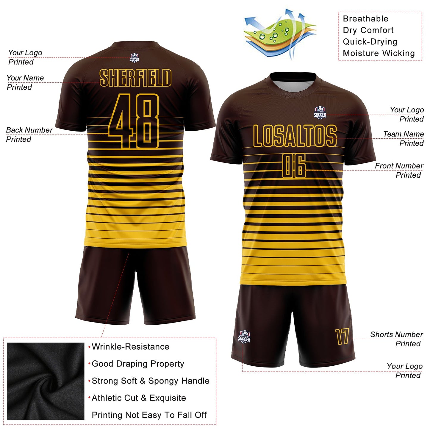 Custom Brown Yellow Pinstripe Fade Fashion Sublimation Soccer Uniform Jersey - Sky-Custom
