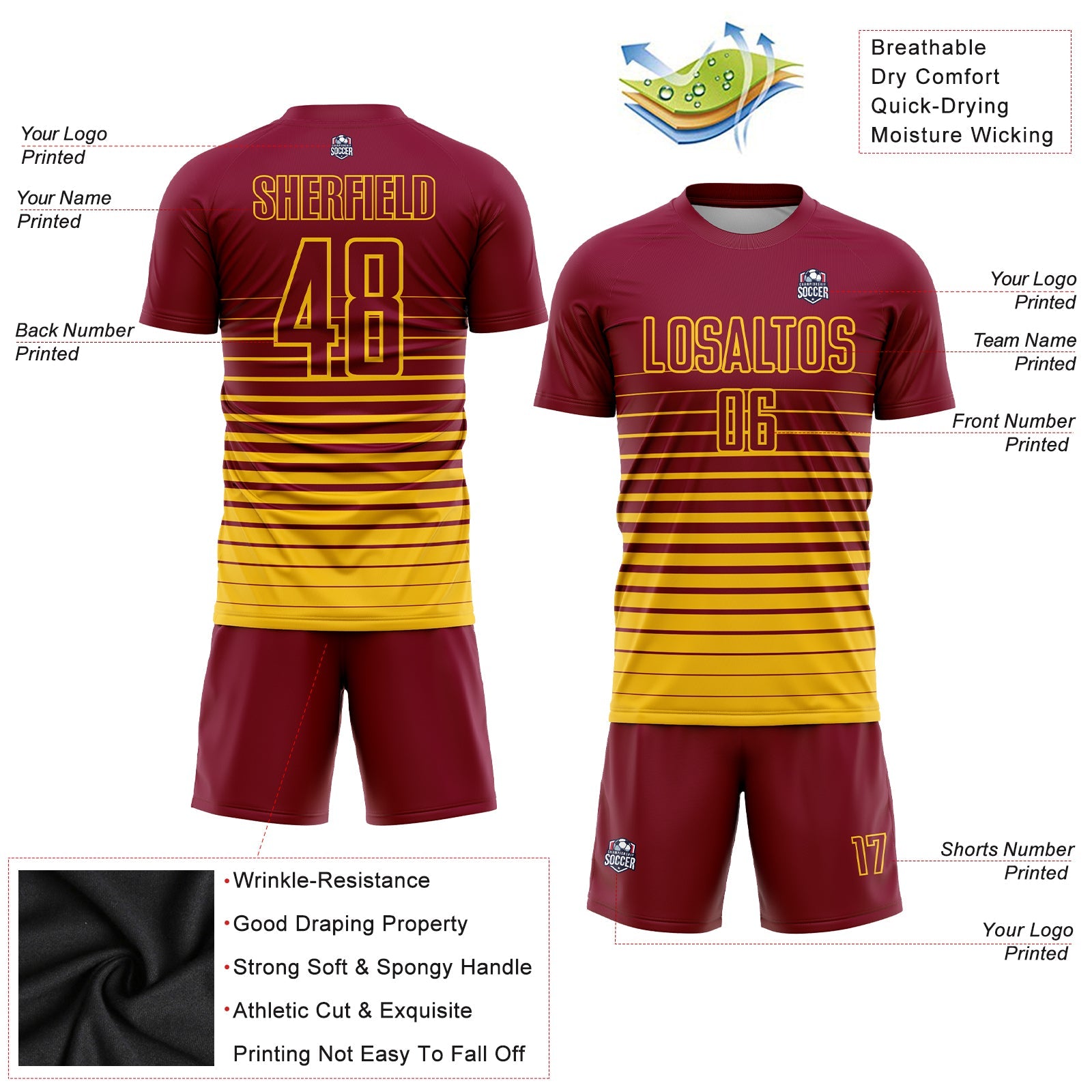 Custom Maroon Yellow Pinstripe Fade Fashion Sublimation Soccer Uniform Jersey - Sky-Custom