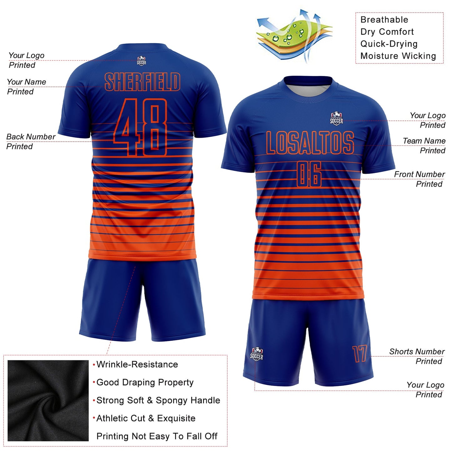 Custom Royal Orange Pinstripe Fade Fashion Sublimation Soccer Uniform Jersey - Sky-Custom