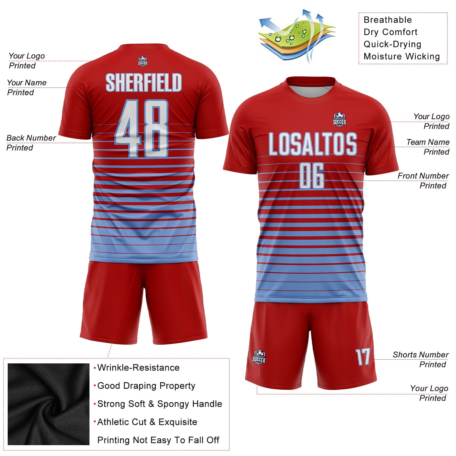 Custom Red White-Light Blue Pinstripe Fade Fashion Sublimation Soccer Uniform Jersey - Sky-Custom