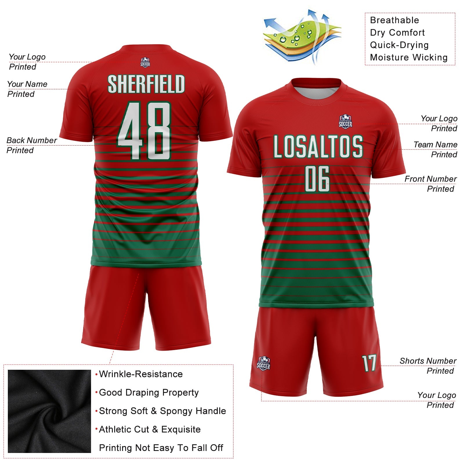 Custom Red White-Kelly Green Pinstripe Fade Fashion Sublimation Soccer Uniform Jersey - Sky-Custom