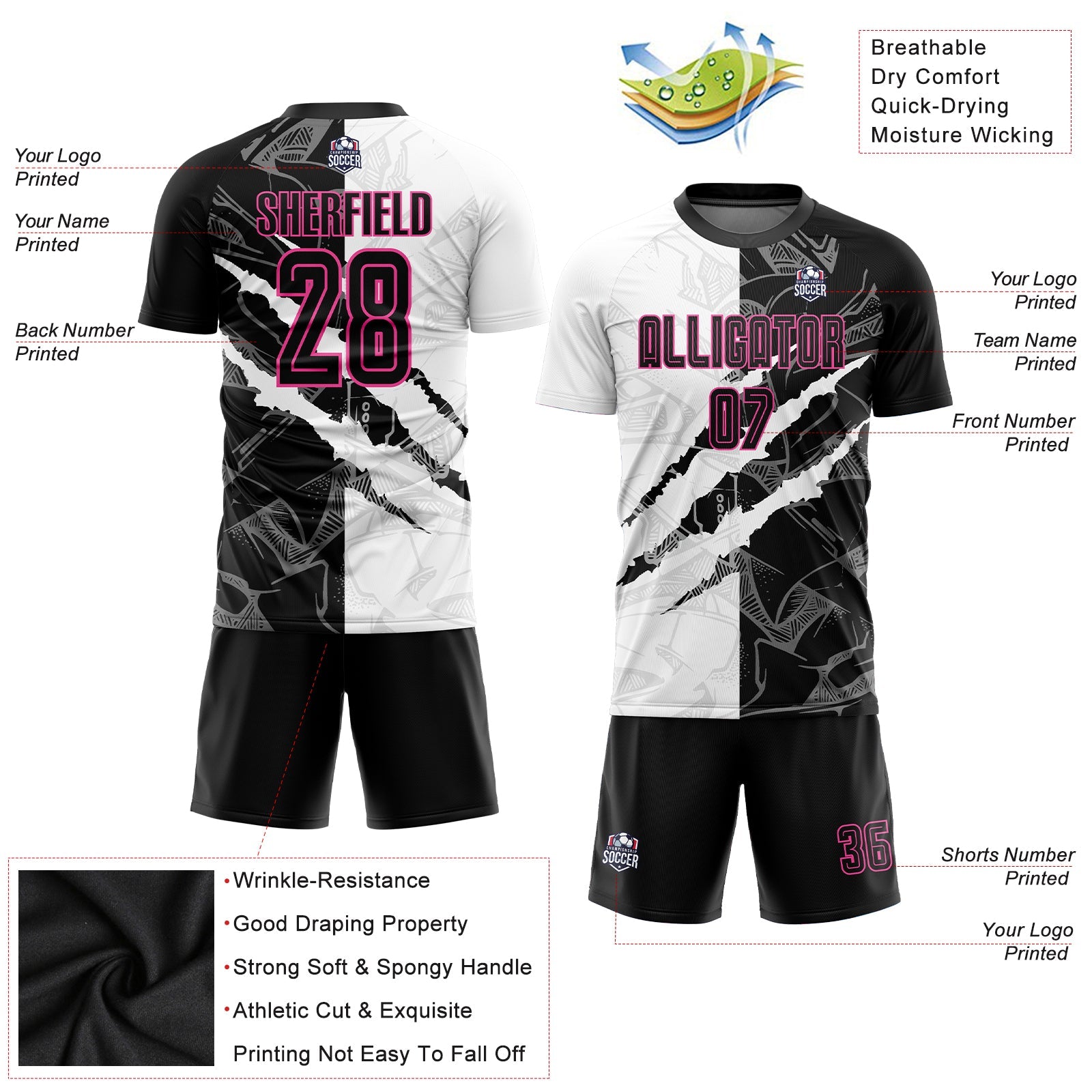 Custom Graffiti Pattern Black-Pink Scratch Sublimation Soccer Uniform Jersey - Sky-Custom