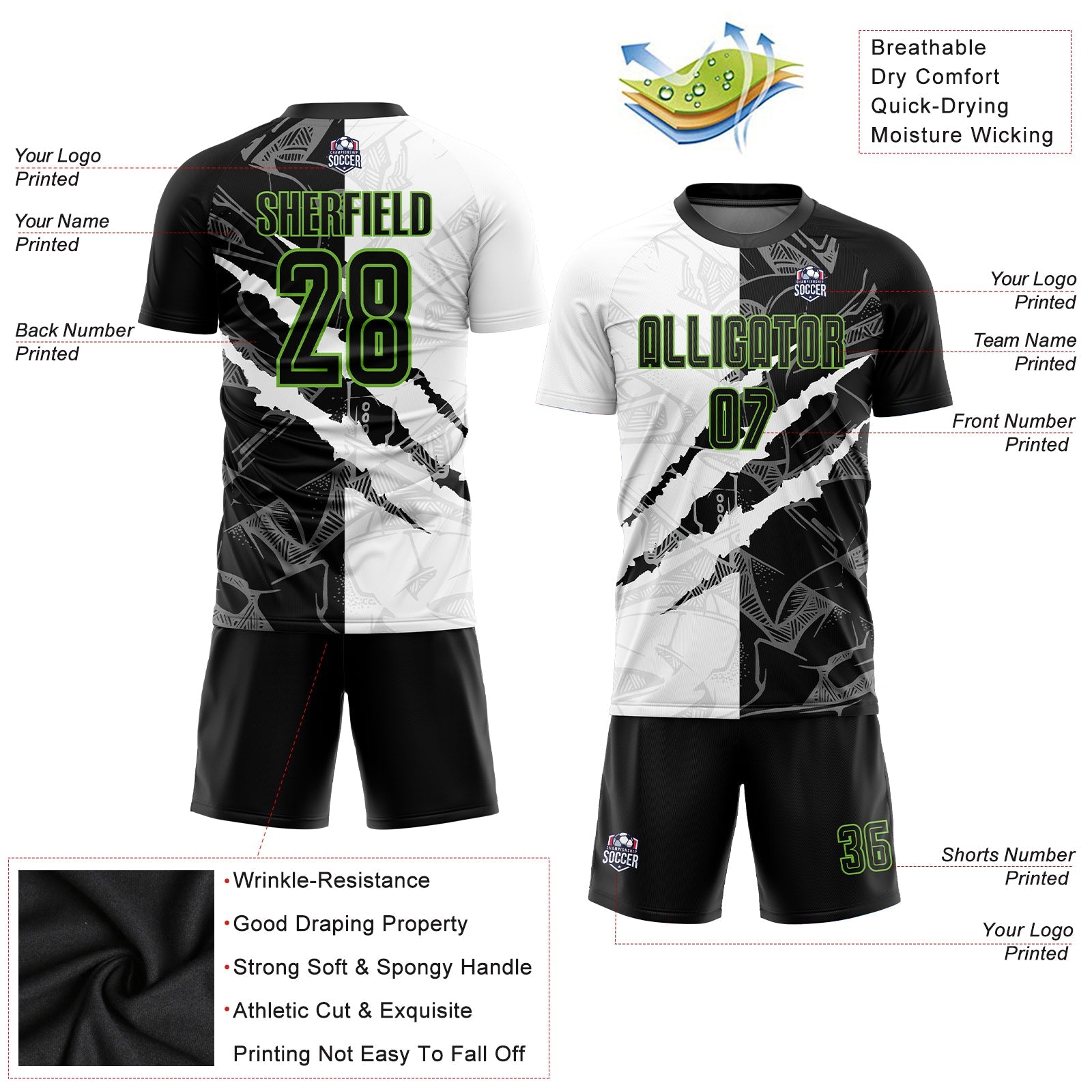 Custom Graffiti Pattern Black-Neon Green Scratch Sublimation Soccer Uniform Jersey - Sky-Custom