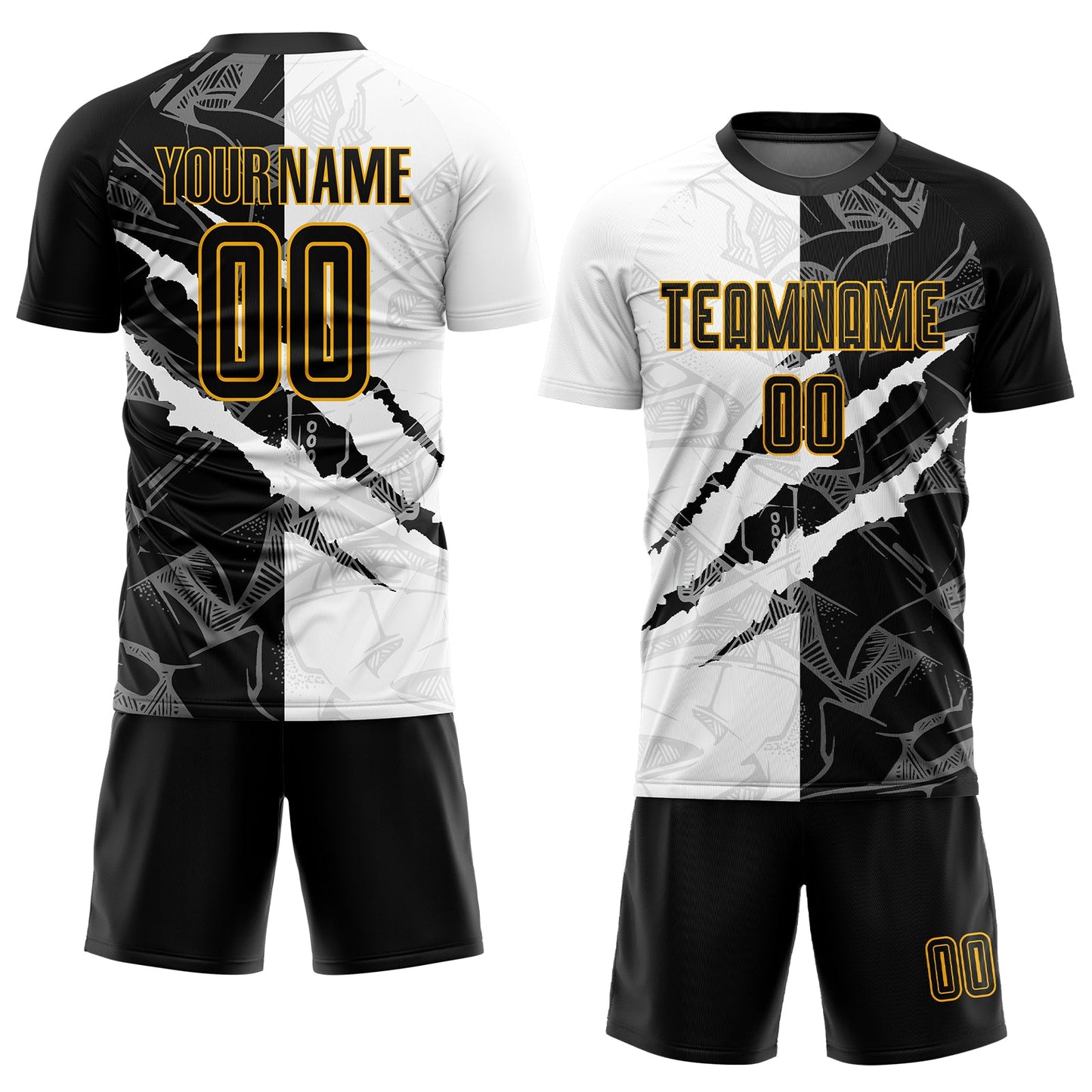Custom Graffiti Pattern Black-Gold Scratch Sublimation Soccer Uniform Jersey - Sky-Custom