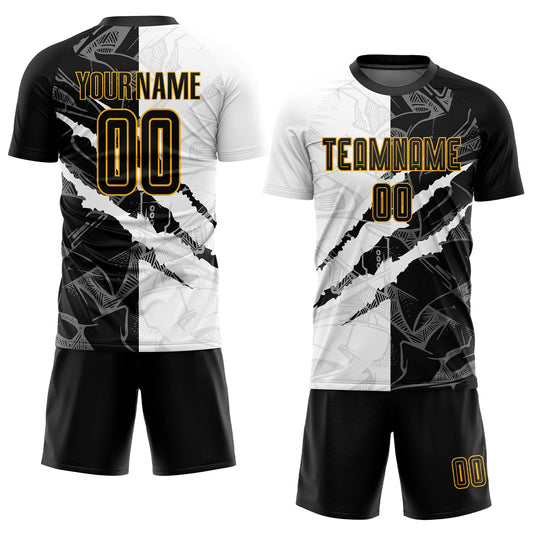 Custom Graffiti Pattern Black-Gold Scratch Sublimation Soccer Uniform Jersey - Sky-Custom