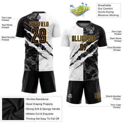 Custom Graffiti Pattern Black-Gold Scratch Sublimation Soccer Uniform Jersey - Sky-Custom