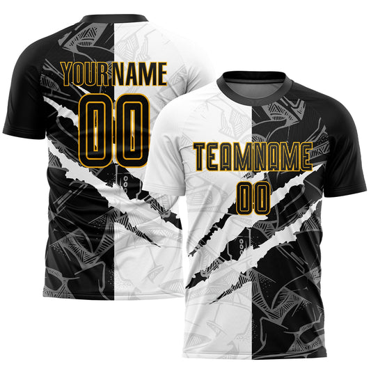 Custom Graffiti Pattern Black-Gold Scratch Sublimation Soccer Uniform Jersey - Sky-Custom
