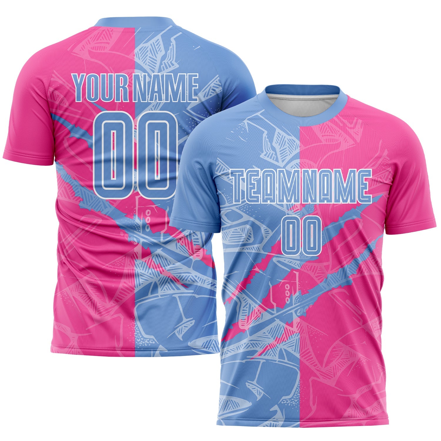 Custom Graffiti Pattern Light Blue-Pink Scratch Sublimation Soccer Uniform Jersey - Sky-Custom