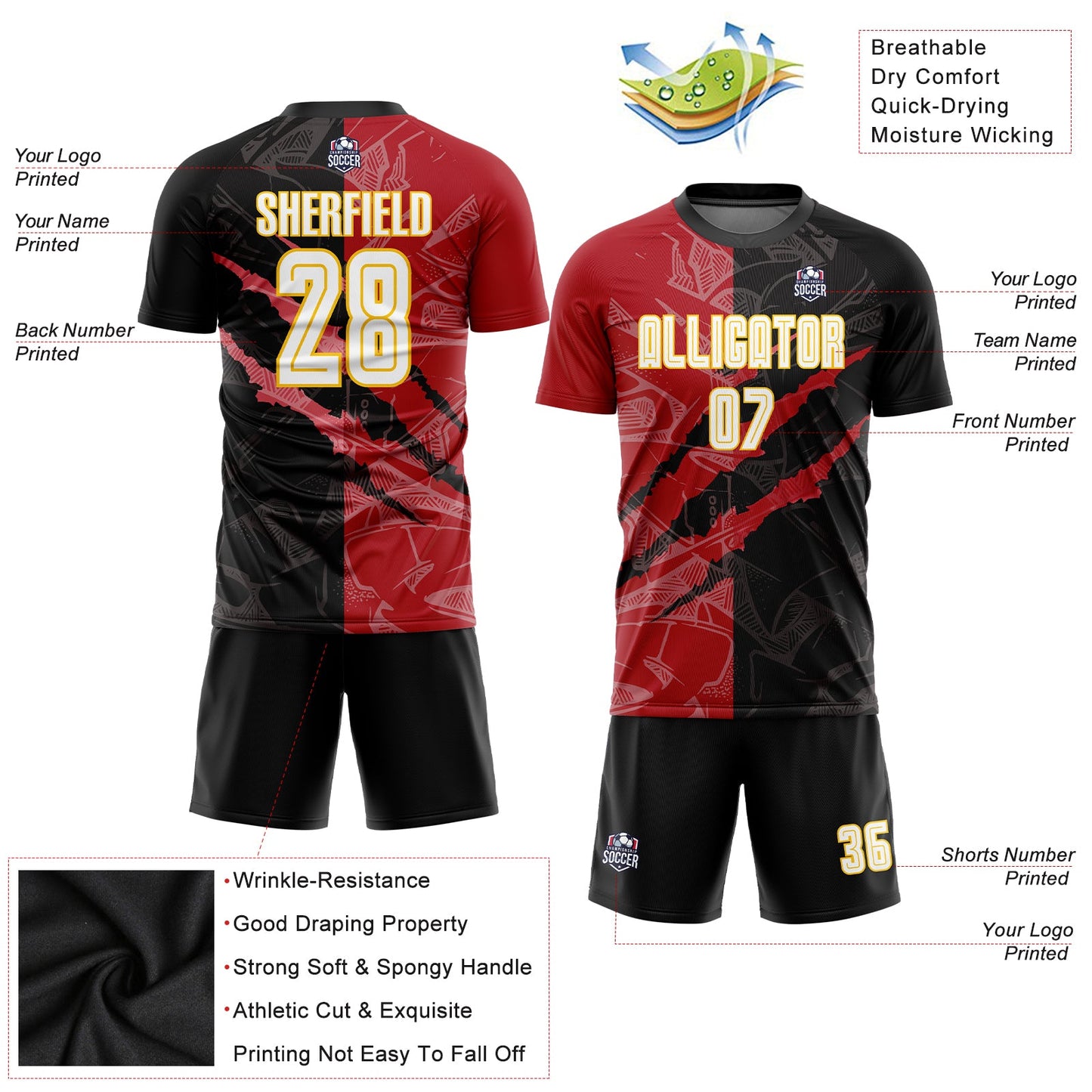 Custom Graffiti Pattern White Black Red-Yellow Scratch Sublimation Soccer Uniform Jersey - Sky-Custom