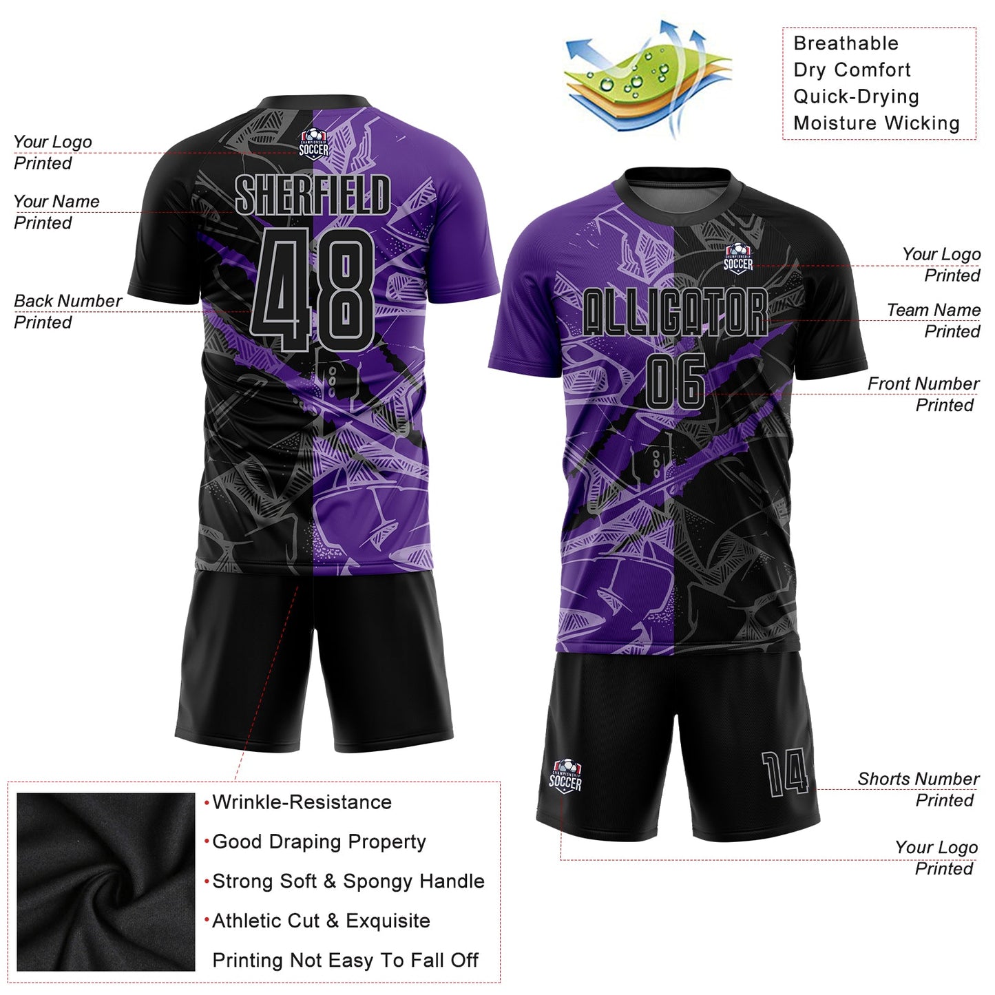 Custom Graffiti Pattern Black Purple-Gray Scratch Sublimation Soccer Uniform Jersey - Sky-Custom
