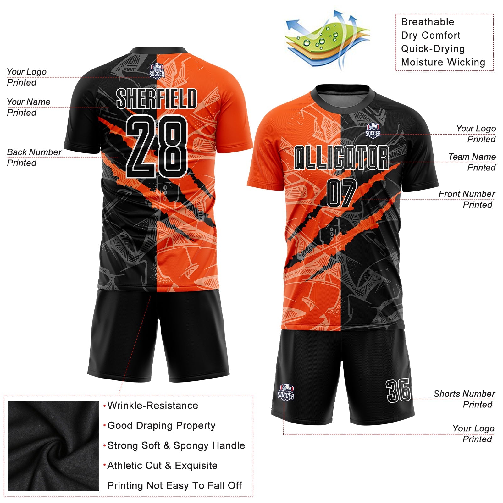 Custom Graffiti Pattern Black-Orange Scratch Sublimation Soccer Uniform Jersey - Sky-Custom