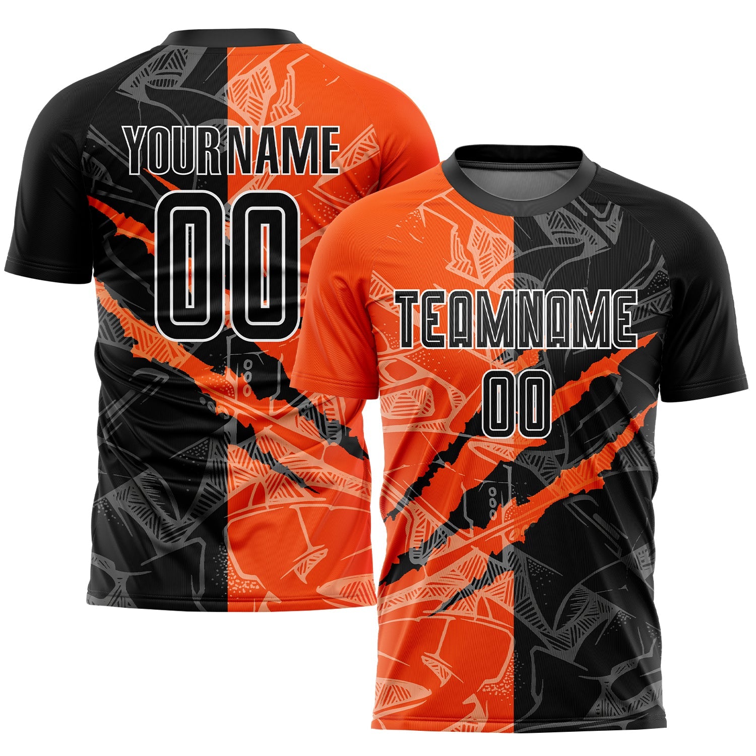 Custom Graffiti Pattern Black-Orange Scratch Sublimation Soccer Uniform Jersey - Sky-Custom