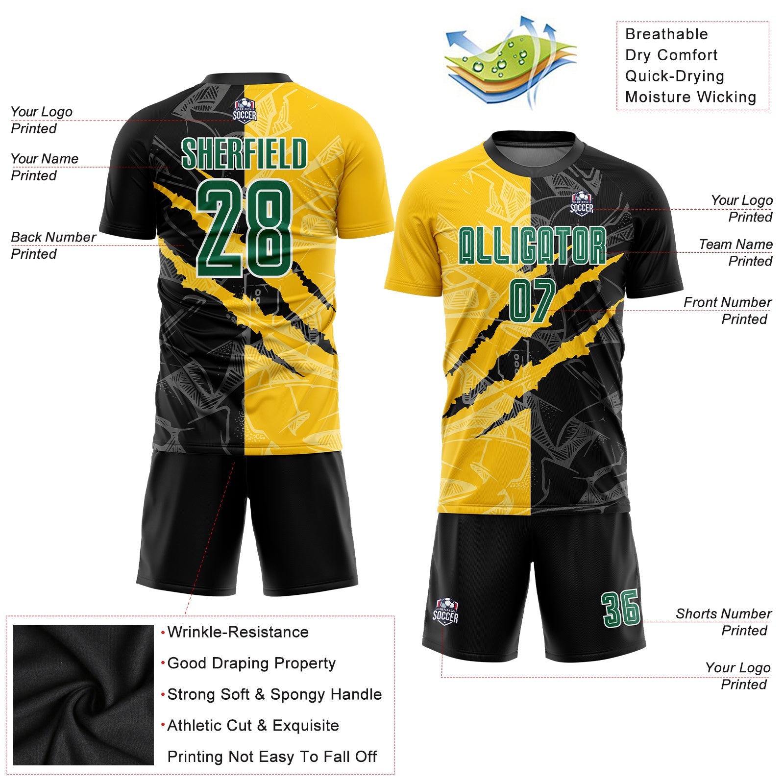 Custom Graffiti Pattern Kelly Green Black-Yellow Scratch Sublimation Soccer Uniform Jersey - Sky-Custom