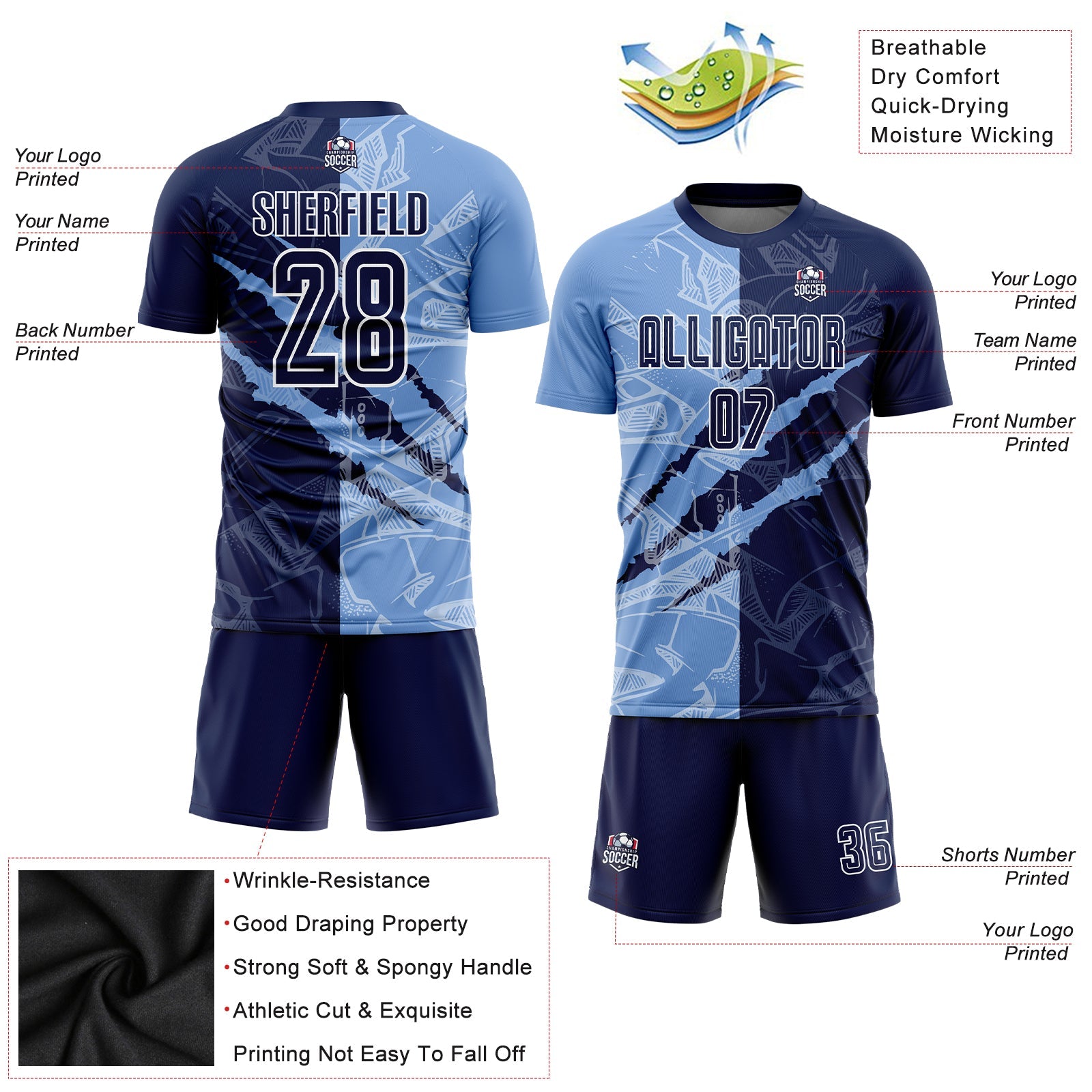 Custom Graffiti Pattern Navy-Light Blue Scratch Sublimation Soccer Uniform Jersey - Sky-Custom