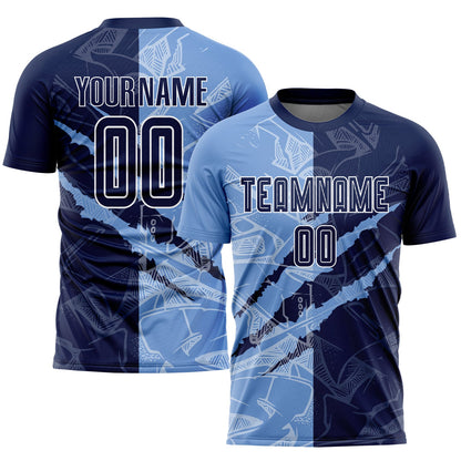 Custom Graffiti Pattern Navy-Light Blue Scratch Sublimation Soccer Uniform Jersey - Sky-Custom
