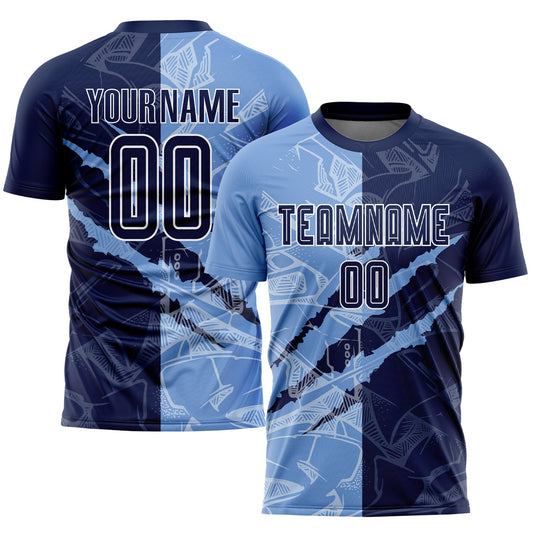 Custom Graffiti Pattern Navy-Light Blue Scratch Sublimation Soccer Uniform Jersey - Sky-Custom