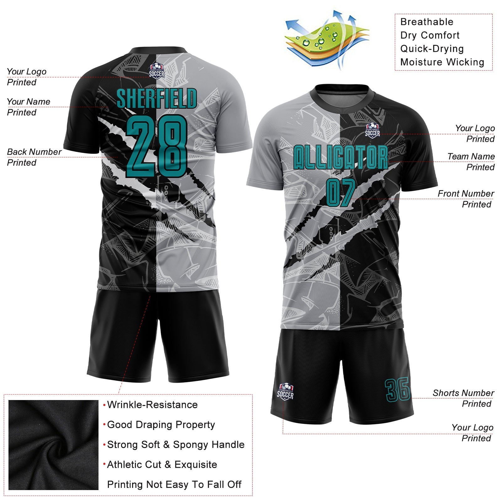 Custom Graffiti Pattern Teal Black-Gray Scratch Sublimation Soccer Uniform Jersey - Sky-Custom