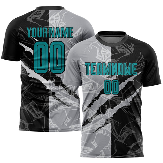 Custom Graffiti Pattern Teal Black-Gray Scratch Sublimation Soccer Uniform Jersey - Sky-Custom