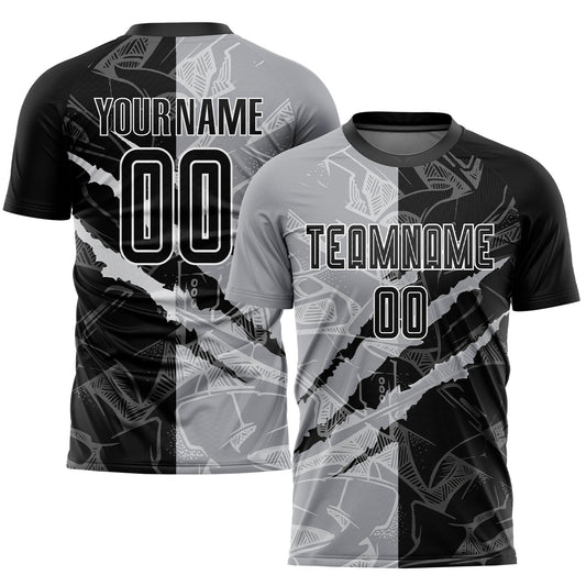 Custom Graffiti Pattern Black-Gray Scratch Sublimation Soccer Uniform Jersey - Sky-Custom
