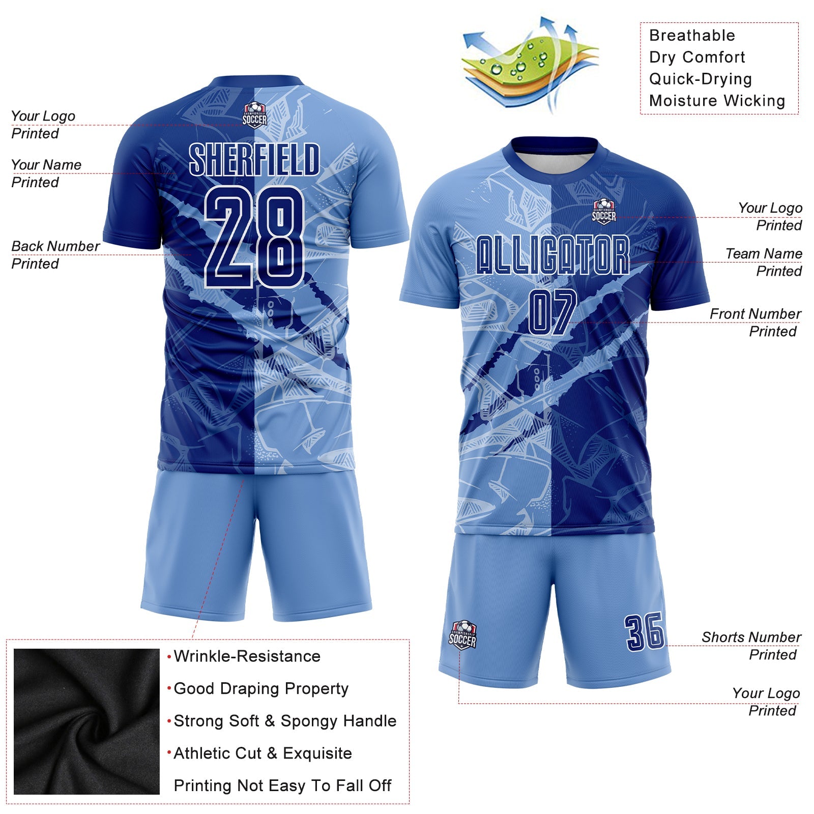 Custom Graffiti Pattern Royal-Light Blue Scratch Sublimation Soccer Uniform Jersey - Sky-Custom