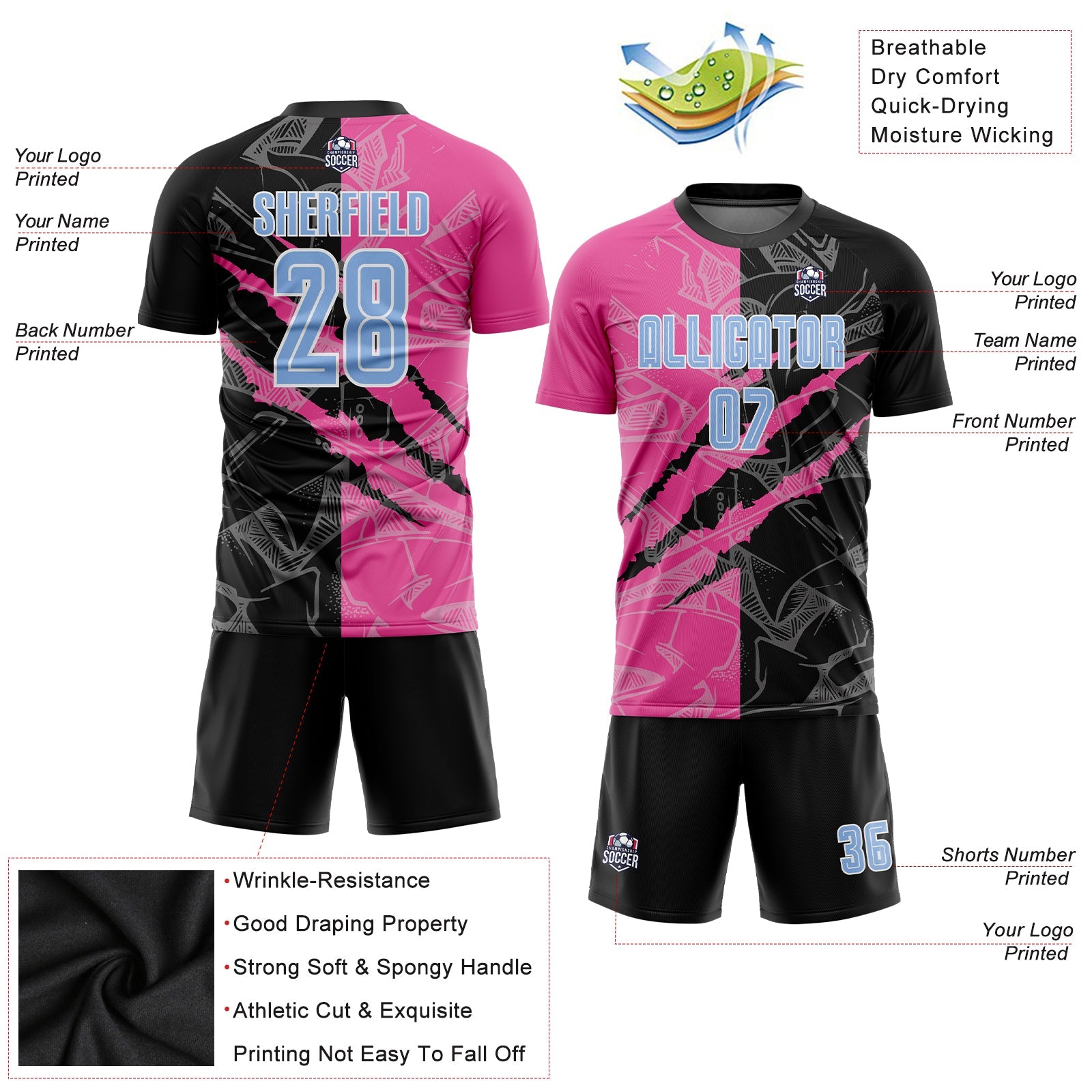 Custom Graffiti Pattern Light Blue Black-Pink Scratch Sublimation Soccer Uniform Jersey - Sky-Custom