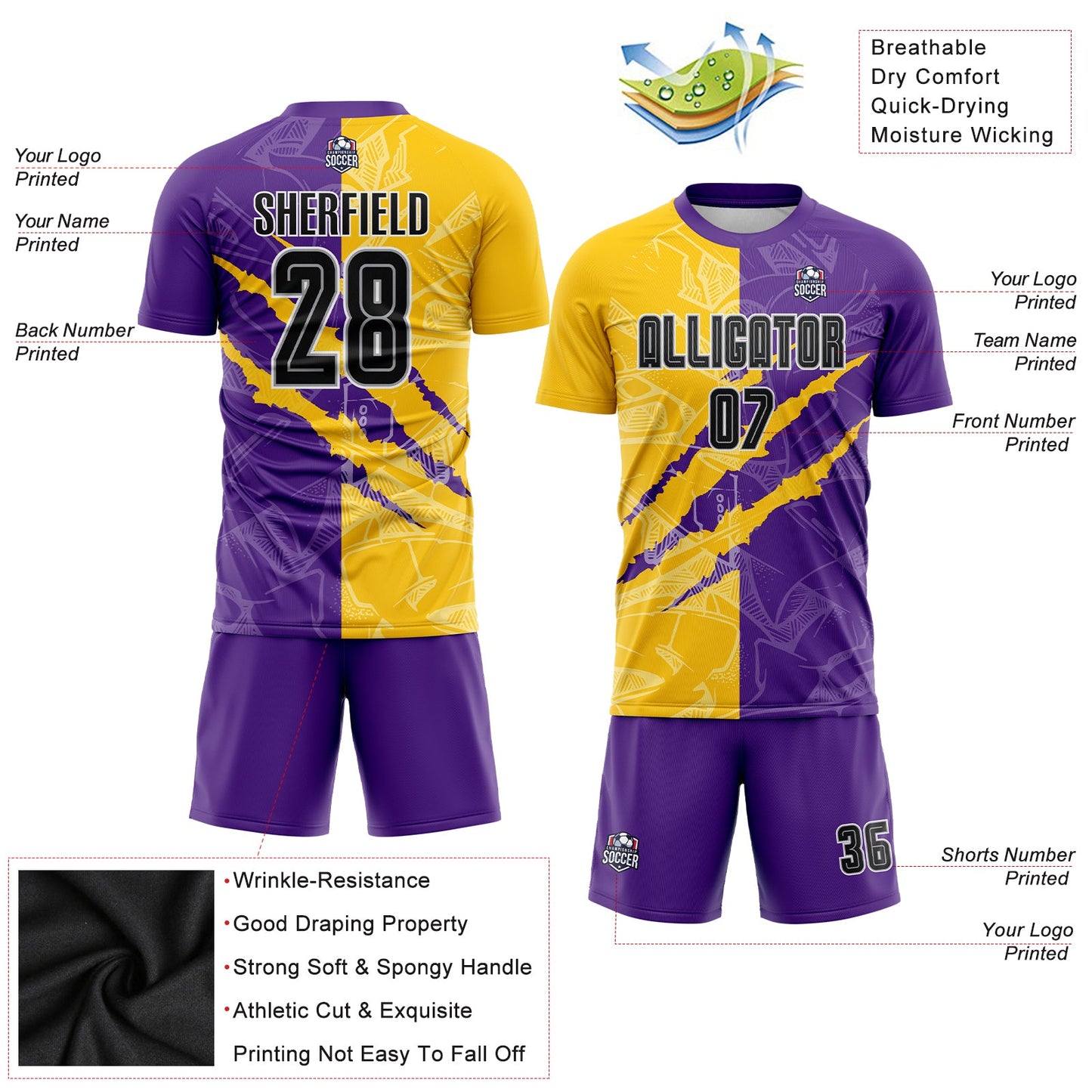 Custom Graffiti Pattern Black Purple Yellow-Gray Scratch Sublimation Soccer Uniform Jersey - Sky-Custom