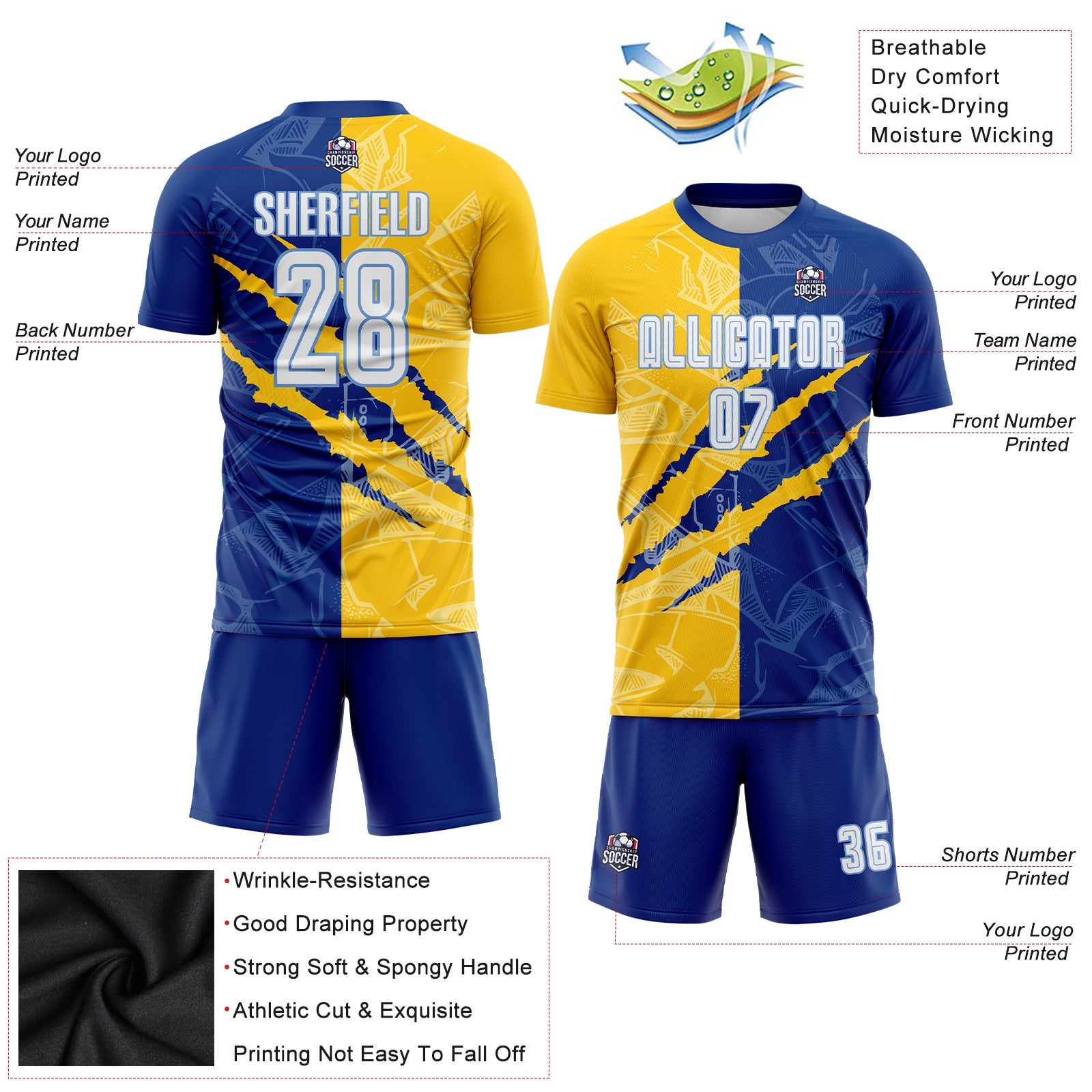 Custom Graffiti Pattern White Royal Yellow-Light Blue Scratch Sublimation Soccer Uniform Jersey - Sky-Custom