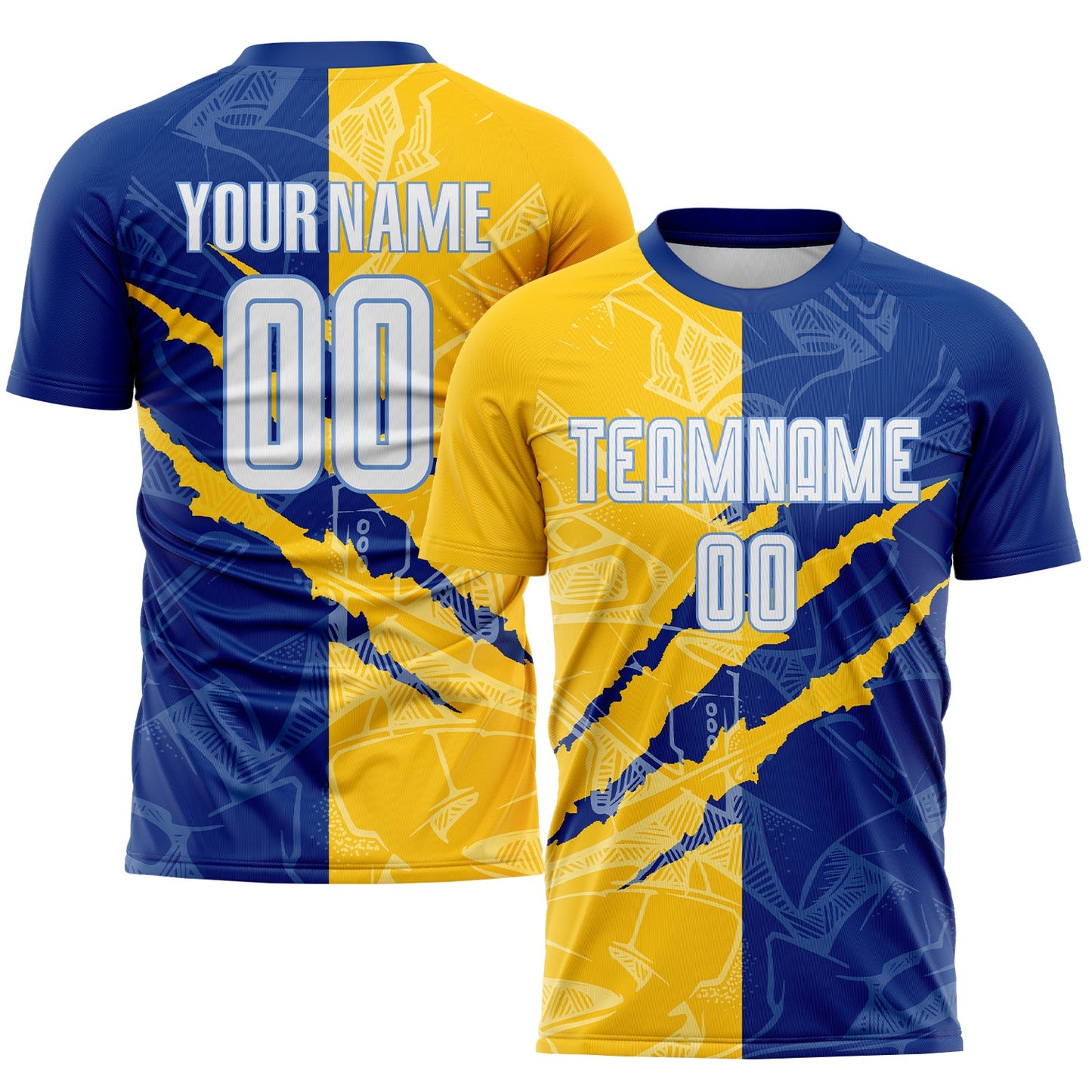 Custom Graffiti Pattern White Royal Yellow-Light Blue Scratch Sublimation Soccer Uniform Jersey - Sky-Custom
