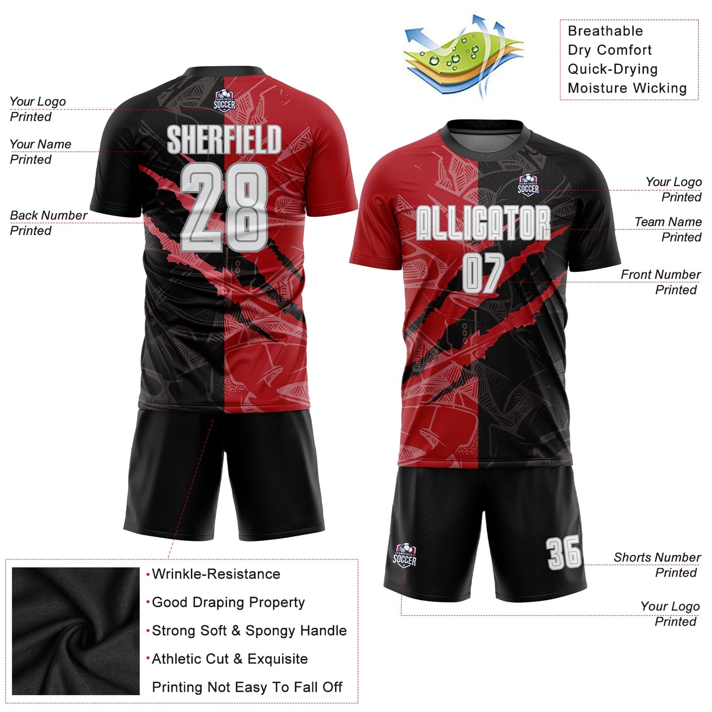 Custom Graffiti Pattern White Black Red-Gray Scratch Sublimation Soccer Uniform Jersey - Sky-Custom