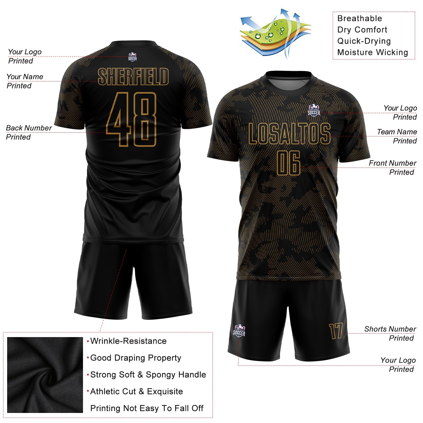 Custom Black Old Gold Sublimation Soccer Uniform Jersey - Sky-Custom