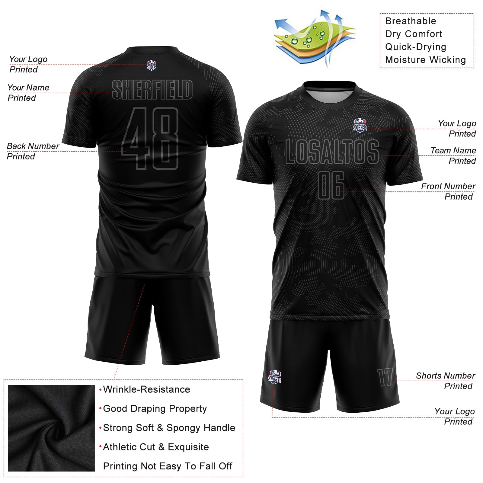 Custom Black Gray Sublimation Soccer Uniform Jersey - Sky-Custom