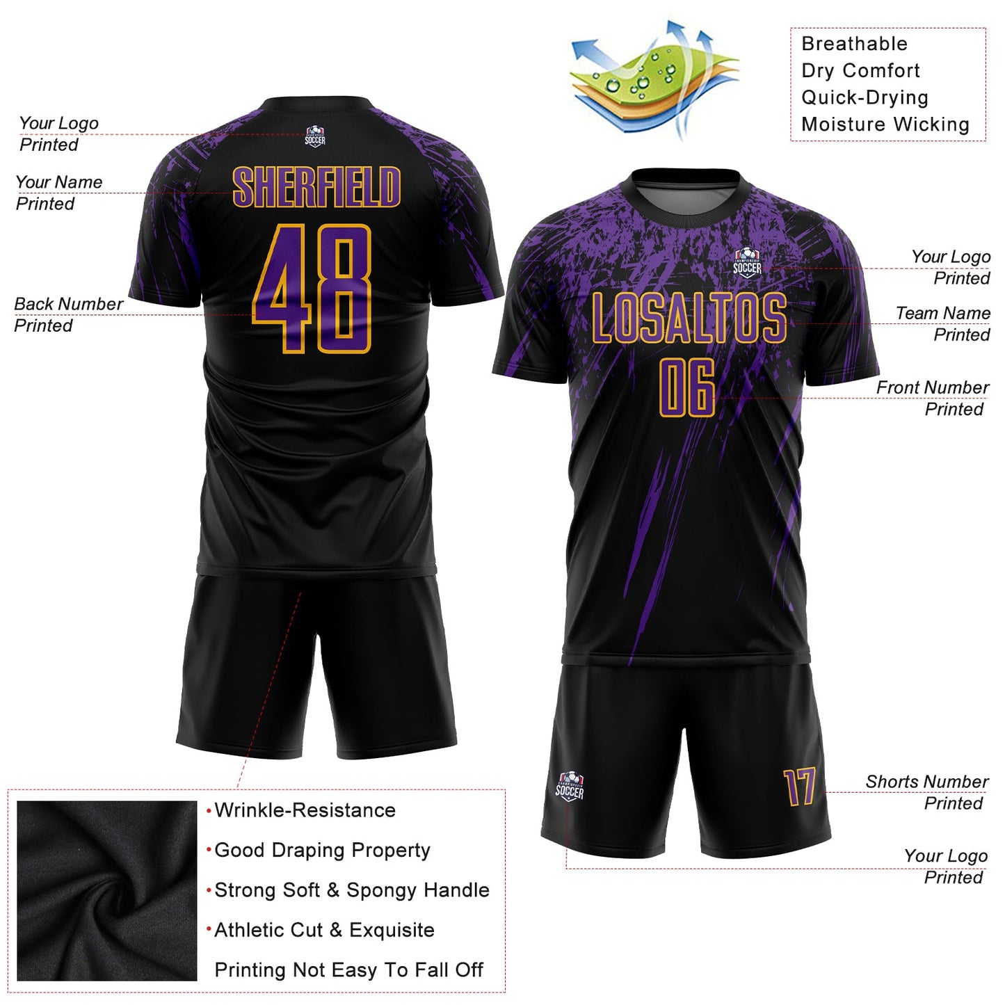 Custom Black Purple-Gold Sublimation Soccer Uniform Jersey - Sky-Custom