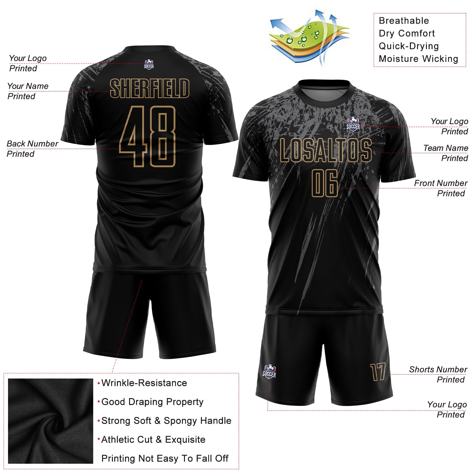 Custom Black Old Gold-Gray Sublimation Soccer Uniform Jersey - Sky-Custom