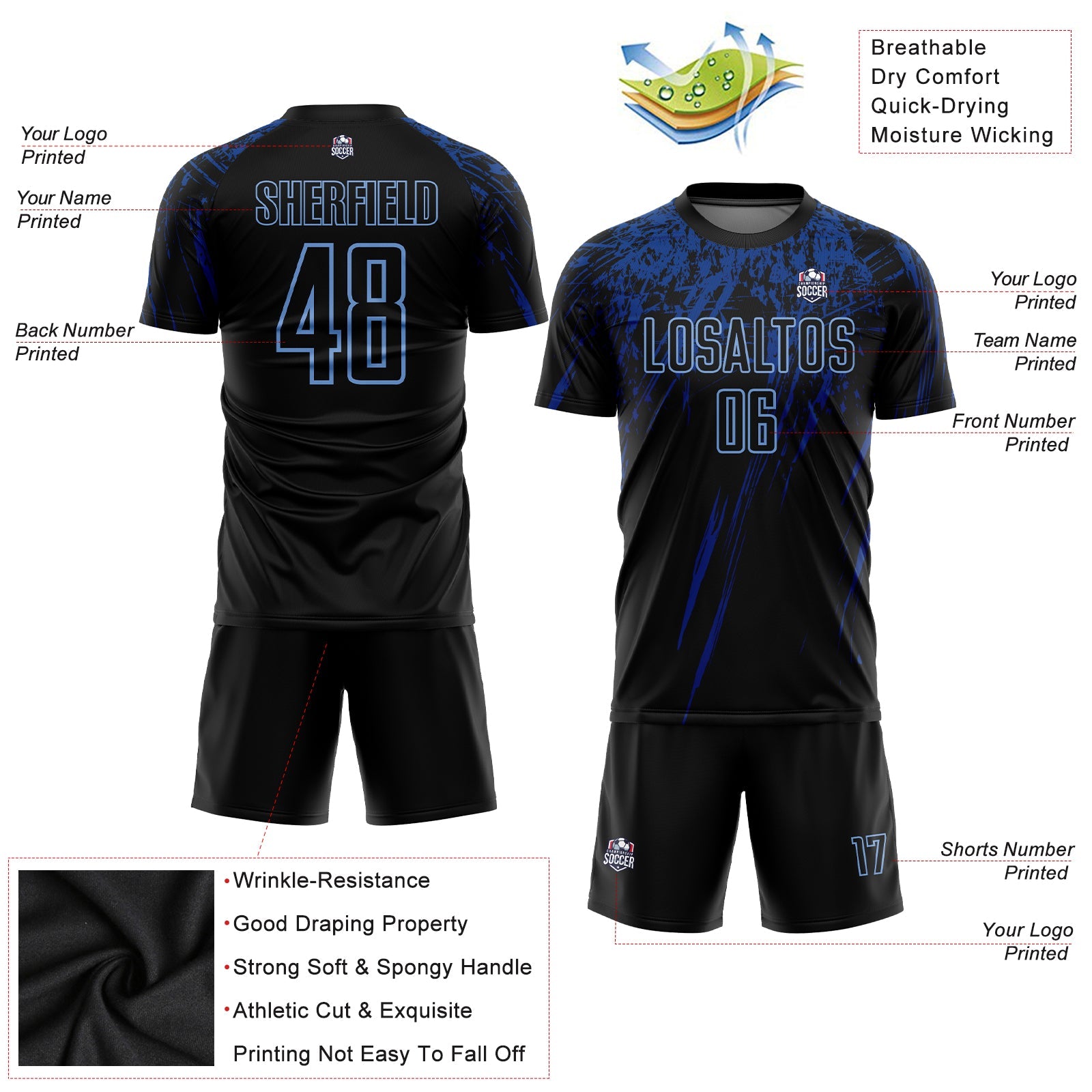 Custom Black Light Blue-Royal Sublimation Soccer Uniform Jersey - Sky-Custom