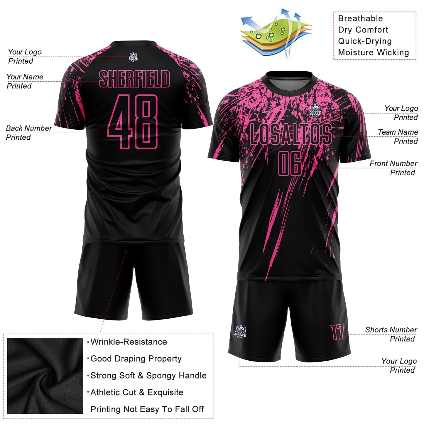 Custom Black Pink Sublimation Soccer Uniform Jersey - Sky-Custom
