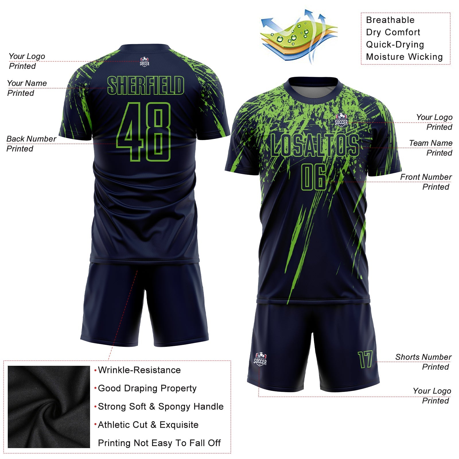 Custom Navy Neon Green Sublimation Soccer Uniform Jersey - Sky-Custom