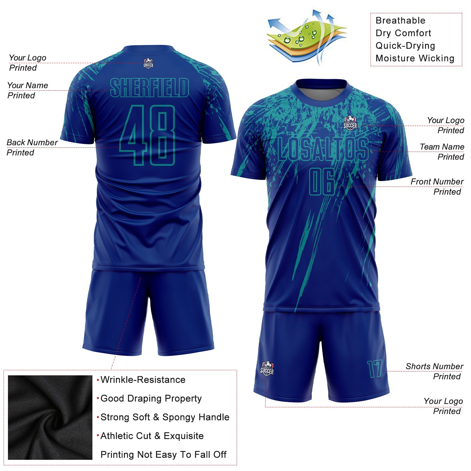 Custom Royal Teal Sublimation Soccer Uniform Jersey - Sky-Custom