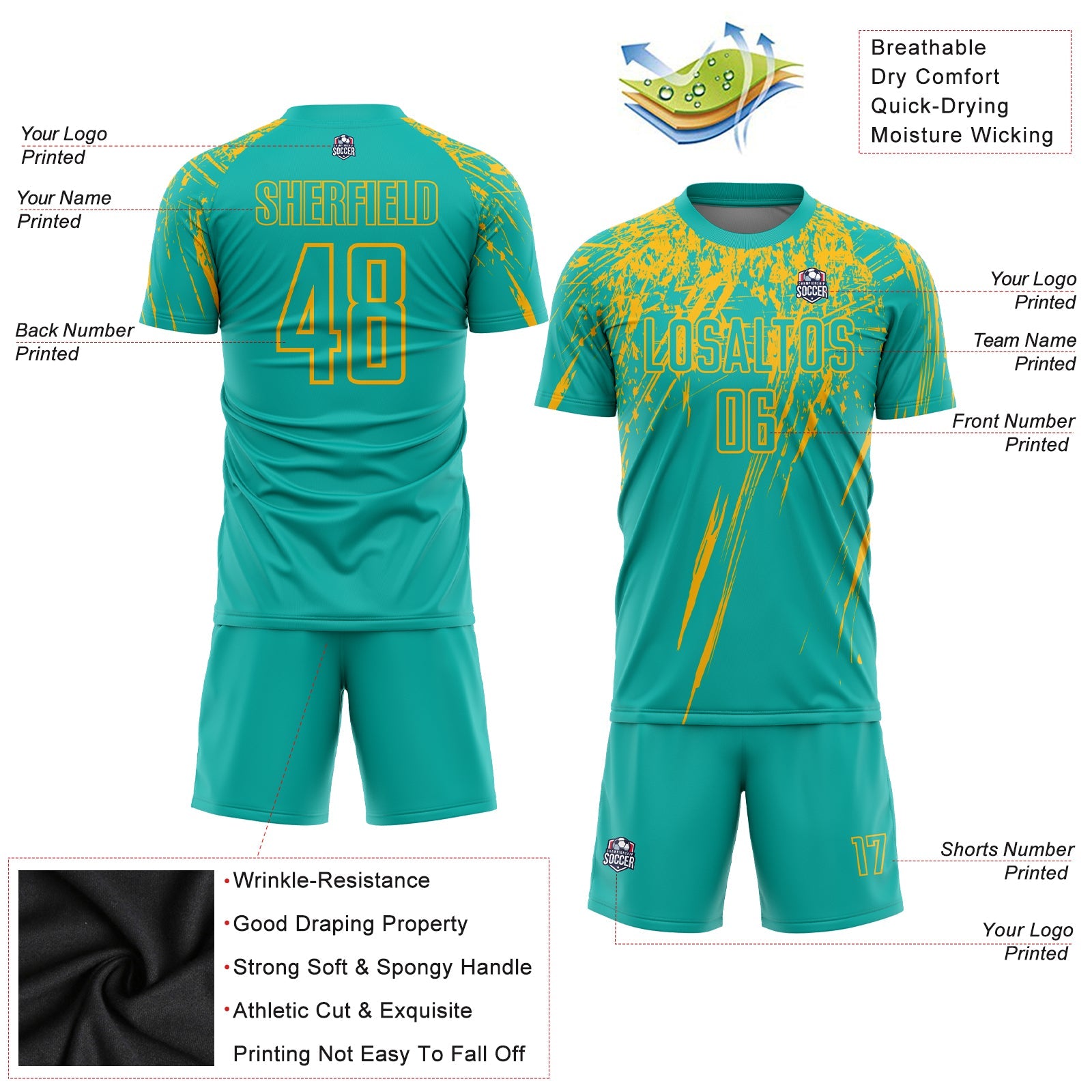 Custom Aqua Gold Sublimation Soccer Uniform Jersey - Sky-Custom