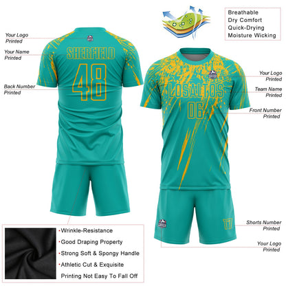 Custom Aqua Gold Sublimation Soccer Uniform Jersey - Sky-Custom