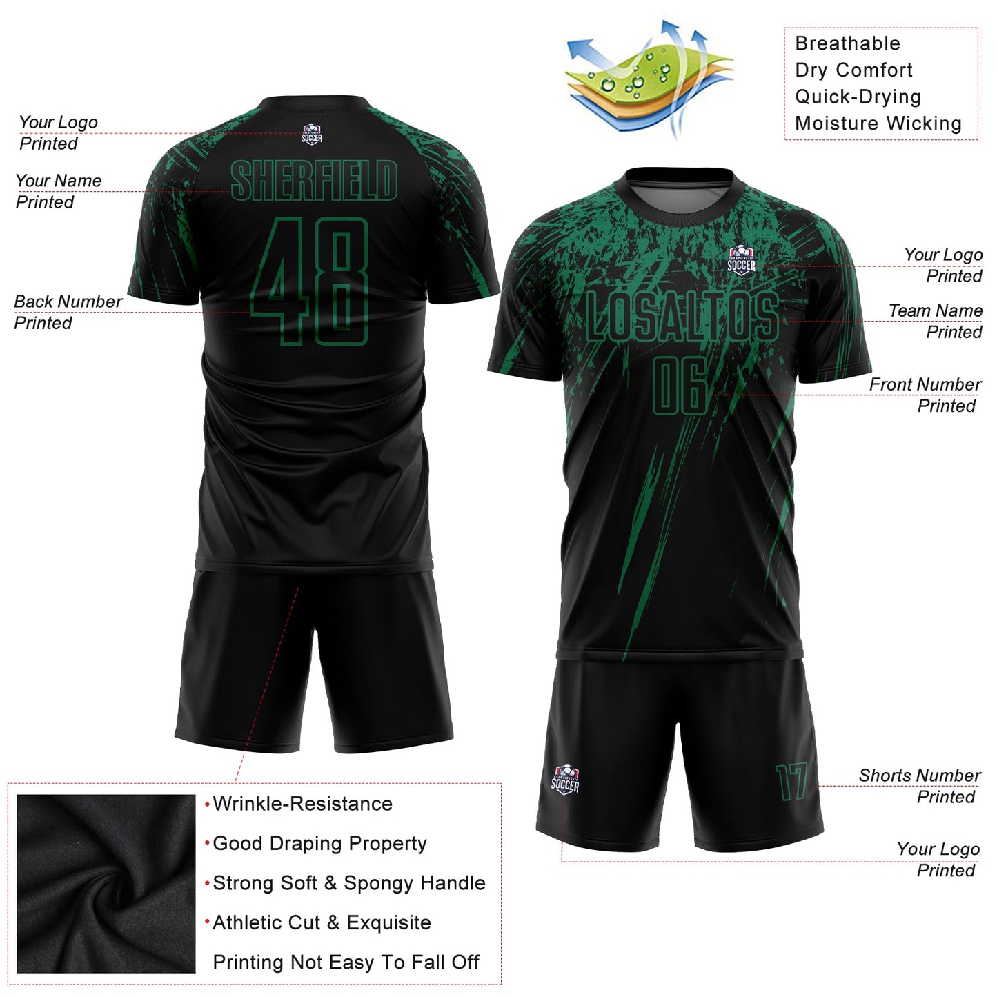 Custom Black Kelly Green Sublimation Soccer Uniform Jersey - Sky-Custom