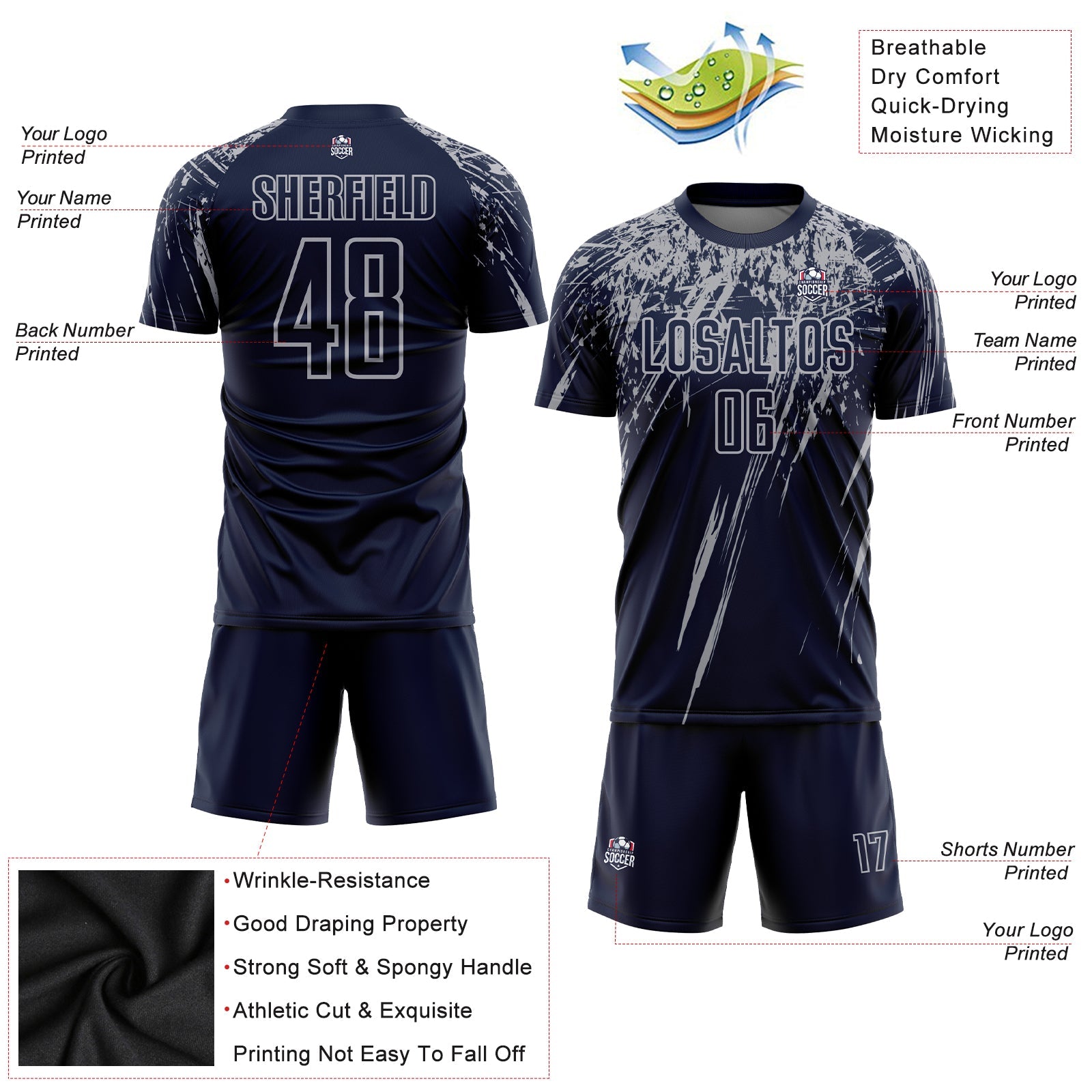 Custom Navy Gray Sublimation Soccer Uniform Jersey - Sky-Custom