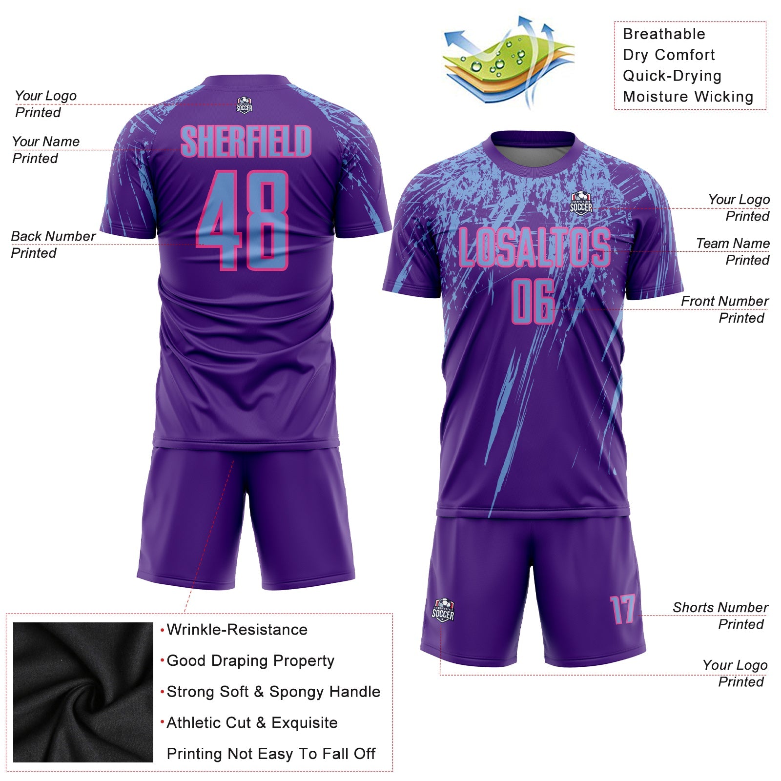 Custom Purple Light Blue-Pink Sublimation Soccer Uniform Jersey - Sky-Custom